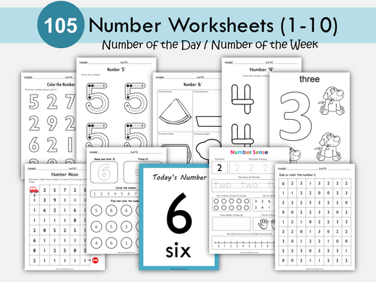 Number of the Day, Numbers Worksheets to 10 for Preschool, Number of the Week, Tracing Printable, Kindergarten, Teacher Resource, WWF318