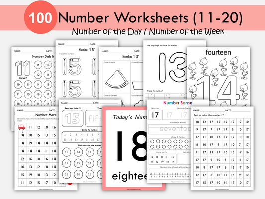 Number of the Day, Number of the Week, Numbers 11-20 Printable, Math Worksheets, Learning Binder, Preschool Curriculum, Kindergarten Tracing, WWF319