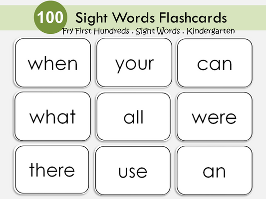 100 Printable Fry's First Hundred Sight Word Flashcards, Kindergarten-1st Grade Sight Words, High Frequency Word Flashcards, WWF320