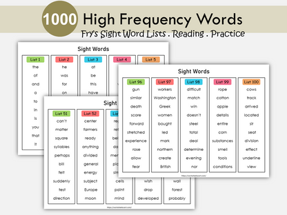 Fry Sight Word Lists Printable, Sight Words Poster, 1,000 High Frequency Words, Phonics,  Homeschool, Kindergarten, Grade 1, 2, 3, 4, 5, WWF322