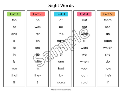 Fry Sight Word Lists Printable, Sight Words Poster, 1,000 High Frequency Words, Phonics,  Homeschool, Kindergarten, Grade 1, 2, 3, 4, 5, WWF322