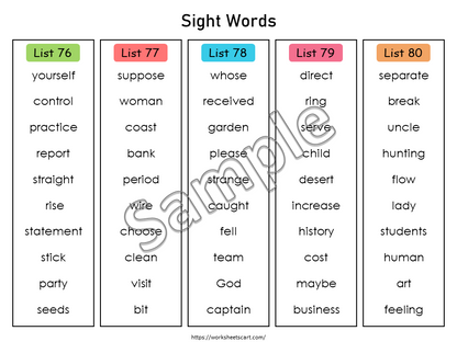 Fry Sight Word Lists Printable, Sight Words Poster, 1,000 High Frequency Words, Phonics,  Homeschool, Kindergarten, Grade 1, 2, 3, 4, 5, WWF322