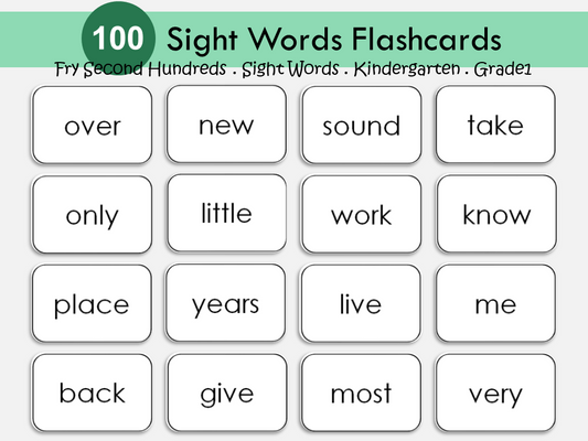 100 Printable Fry's Second Hundred Sight Word Flashcards, Kindergarten-1st Grade Sight Words, High Frequency Word Flashcards Printable, WWF323