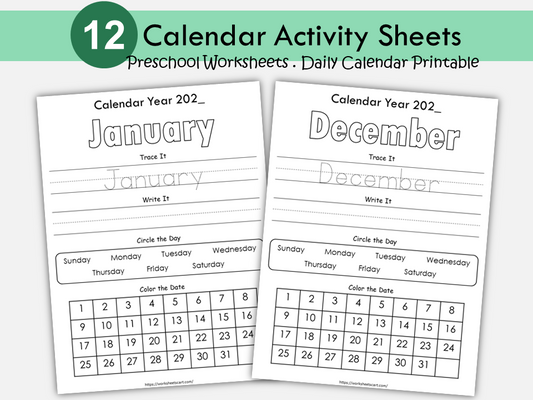 12 Daily Calendar Worksheet Pages, Preschool Printable, Month, Day, Date, Monthly Digital Calendar, Kindergarten, First Grade, Homeschool, WWF324