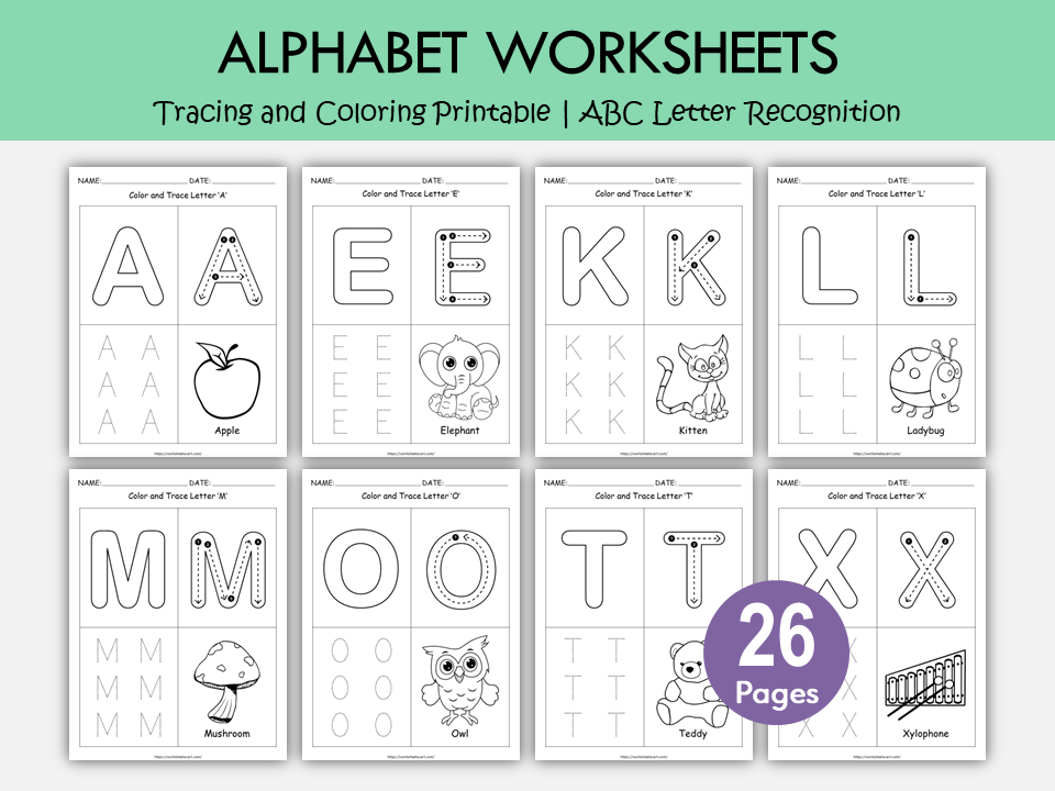 Alphabet Coloring & Tracing Worksheets Printable for Preschool and Kindergarten, WWF327