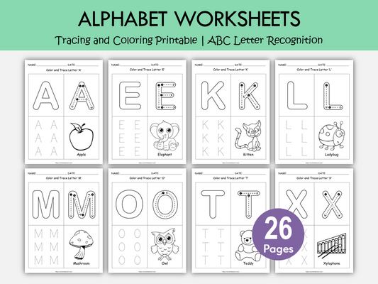 Alphabet Coloring & Tracing Worksheets Printable for Preschool and Kindergarten, WWF327
