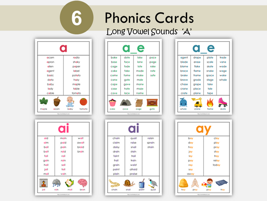 Phonics Cards, Vowel Cards, Long A Team Posters, Word Wall Printable, Color Coded Blend, Sight Words Practice, Homeschool, Reading Sheets, WWF329