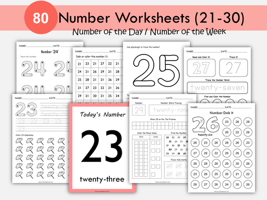 Numbers 21-30 Worksheets for Kindergarten, Preschool Math Workbook, Number of the Day Printable, Tracing & Writing Numbers, WWF331