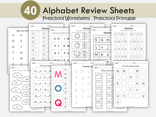 40 Preschool Alphabet Worksheets Printable, Letter Recognition Activities, Assessment, Alphabet Review, Kindergarten Phonics, ABC Order, WWF332