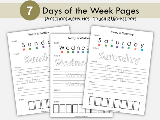 Days of the Week Worksheet, Kindergarten Tracing and Writing Printable, Cut & Paste Activities, Words Spellings, Matching Game, Homeschool, WWF333