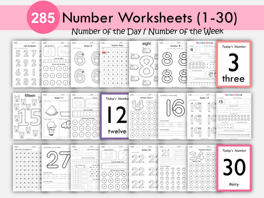 Number Worksheets for Preschool, Number Tracing Workbook, Number of the Day, Number of the Week, Numbers 1-30 for Kids, Kindergarten Math, WWF336