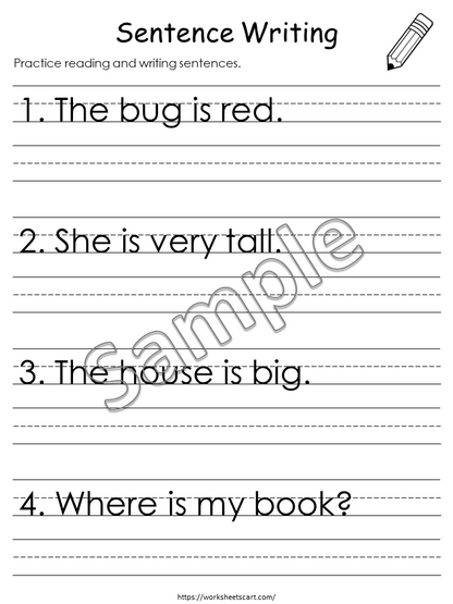 20 Printable Write the Sentence Worksheets, Sentence Writing, Writing Sentences Activity, Kindergarten Reading, Grade 1,2,3 ELA Worksheets, WWF337