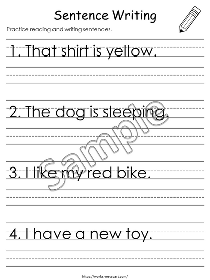 20 Printable Write the Sentence Worksheets, Sentence Writing, Writing Sentences Activity, Kindergarten Reading, Grade 1,2,3 ELA Worksheets, WWF337