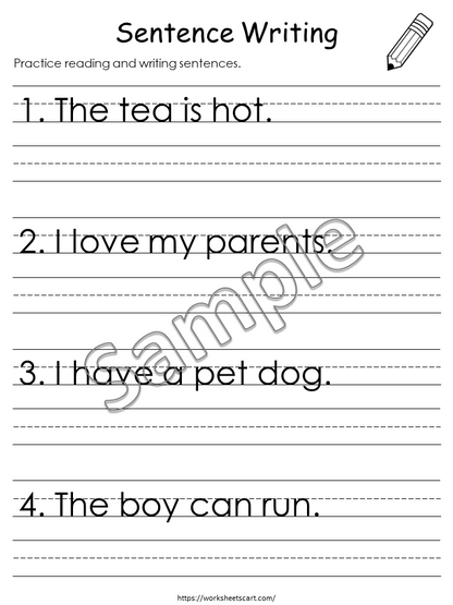 20 Printable Write the Sentence Worksheets, Sentence Writing, Writing Sentences Activity, Kindergarten Reading, Grade 1,2,3 ELA Worksheets, WWF337