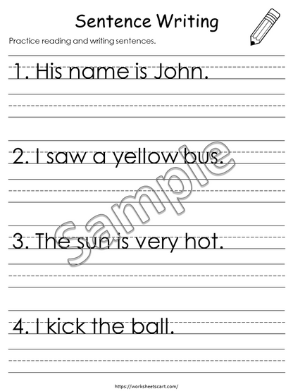 20 Printable Write the Sentence Worksheets, Sentence Writing, Writing Sentences Activity, Kindergarten Reading, Grade 1,2,3 ELA Worksheets, WWF337