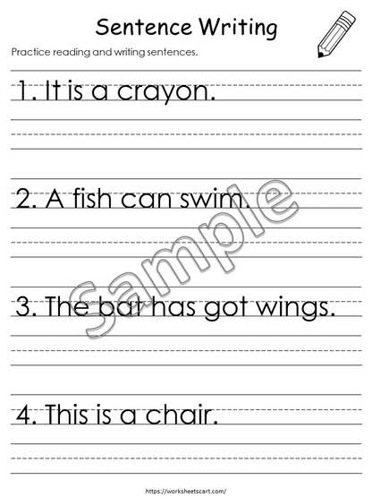 20 Printable Write the Sentence Worksheets, Sentence Writing, Writing Sentences Activity, Kindergarten Reading, Grade 1,2,3 ELA Worksheets, WWF337