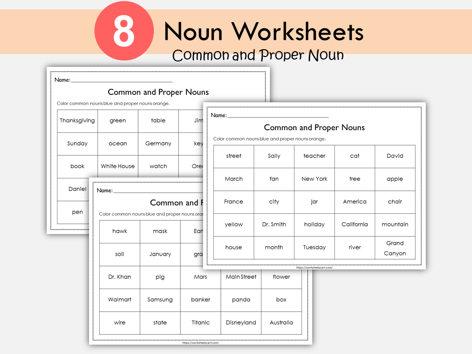 Noun Sorting, Noun Activities, Common and Proper Nouns, Kindergarten Worksheets, Grammar Printable, Kindergarten, Grade 1, Grade 2, WWF342