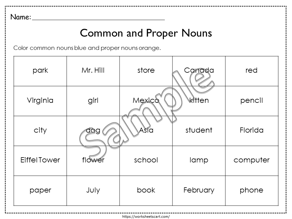 Noun Sorting, Noun Activities, Common and Proper Nouns, Kindergarten Worksheets, Grammar Printable, Kindergarten, Grade 1, Grade 2, WWF342