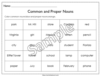 Noun Sorting, Noun Activities, Common and Proper Nouns, Kindergarten Worksheets, Grammar Printable, Kindergarten, Grade 1, Grade 2, WWF342