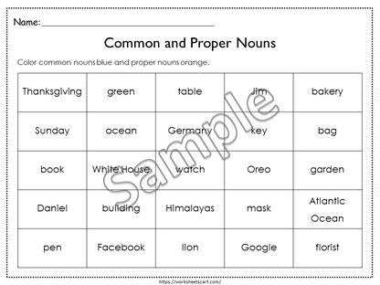 Noun Sorting, Noun Activities, Common and Proper Nouns, Kindergarten Worksheets, Grammar Printable, Kindergarten, Grade 1, Grade 2, WWF342