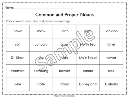 Noun Sorting, Noun Activities, Common and Proper Nouns, Kindergarten Worksheets, Grammar Printable, Kindergarten, Grade 1, Grade 2, WWF342