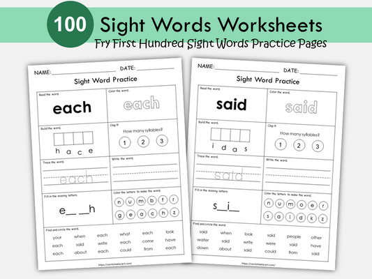 100 Printable Sight Words Worksheets, Fry First Hundred Sight Word Work, Learn to Read, Kindergarten Phonics Book, Toddler Spelling, Grade 1, WWF343