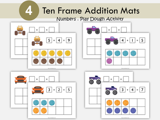 Ten Frame Addition, Ten Frame Activity, Ten Frame Addition Cards to 10, Play Dough Mat, Learn To Add, Kindergarten, Pre-K, Toddlers, Digital, WWF348