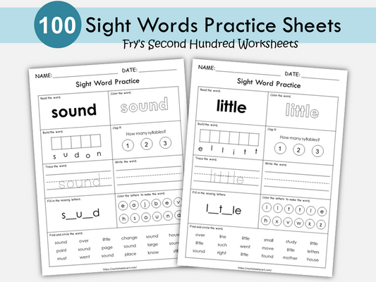 Sight Words Worksheets, Sight Word Practice, Sight Words Work Book, 100 Printable Fry Second Hundred, Reading, Spelling, Kindergarten Grade 1, WWF349