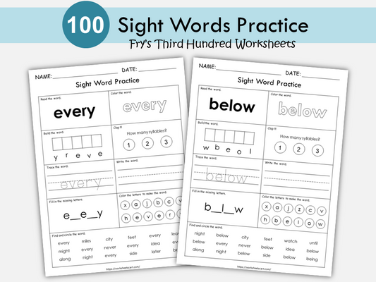 Sight Words Worksheets, Fry Third Hundred Sight Word Practice Printable, Learn to Read, Kindergarten Phonics, Spelling Workbook, Grade 1, WWF350