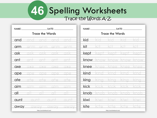 Sight Word Spelling Tracing Worksheets, Words Practice, Word Work Book, 46 Alphabetical A-Z Words Printable, Kindergarten Reading, Grade 1, WWF351