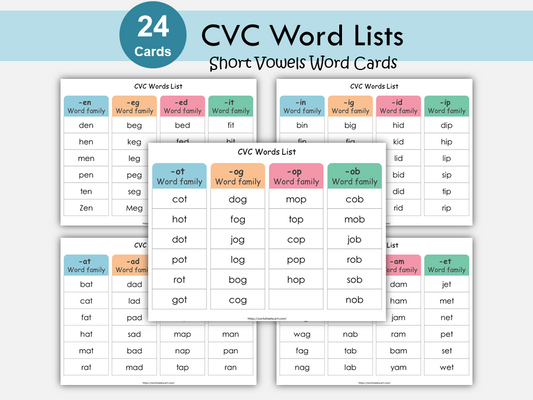 CVC Words List Printable, Kindergarten Reading, Phonics Cards, Learn to Read, Short Vowel Word Families, Montessori, Toddlers Activities, WWF355