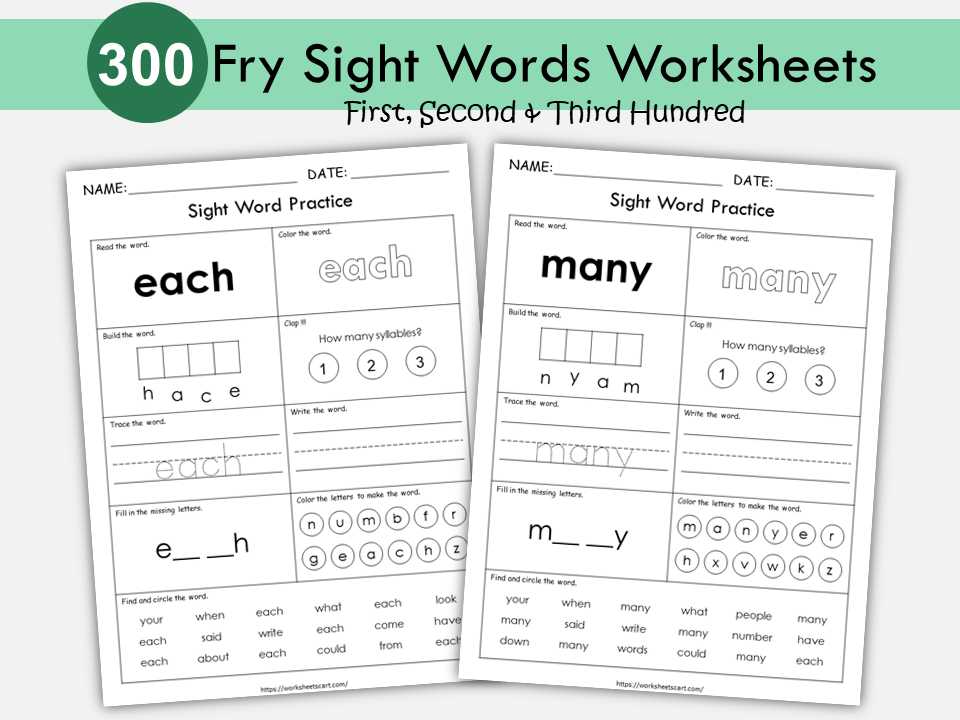 300 Printable Sight Words, Kindergarten Worksheets, Fry Sight Word Spelling Practice, Literacy Resource, Kindergarten Phonics Book, Grade 1, WWF357