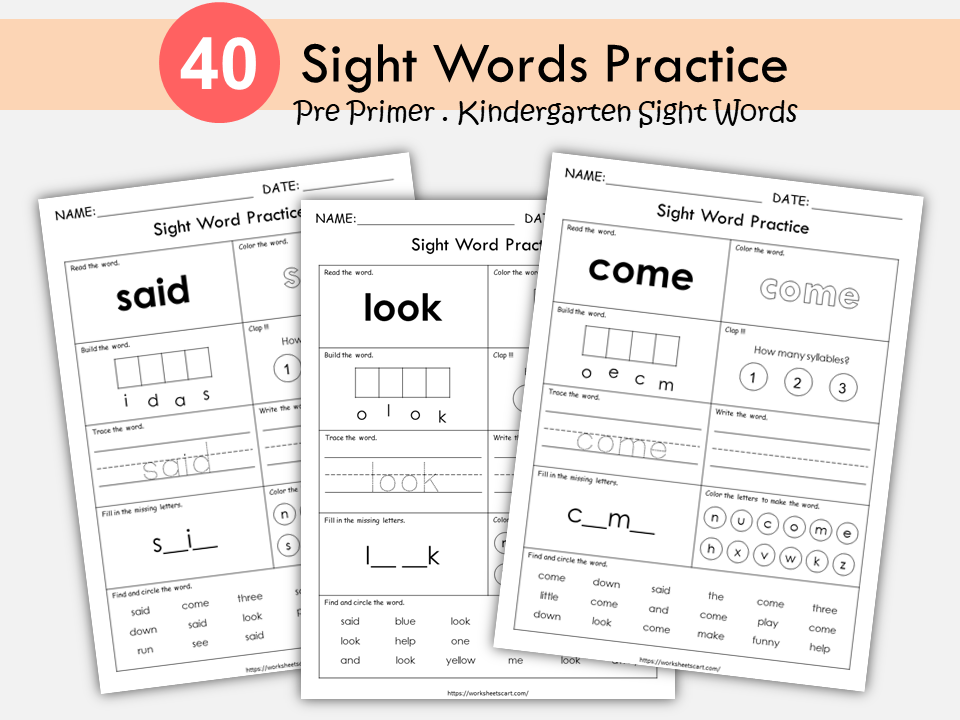 Sight Words Worksheets for Kindergarten, Learn PreK Sight Words, Sight Words Practice, Pre Primer, Ist Grade Phonics, Spelling Activity, WWF362