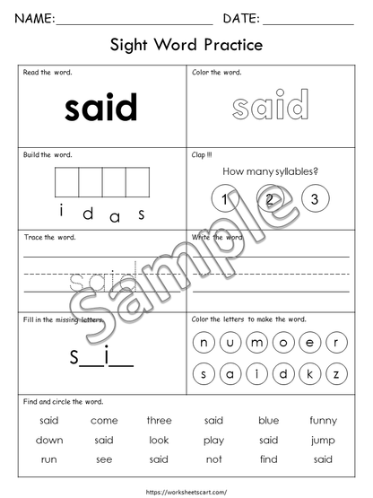 Sight Words Worksheets for Kindergarten, Learn PreK Sight Words, Sight Words Practice, Pre Primer, Ist Grade Phonics, Spelling Activity, WWF362