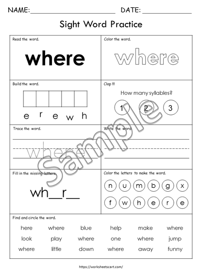 Sight Words Worksheets for Kindergarten, Learn PreK Sight Words, Sight Words Practice, Pre Primer, Ist Grade Phonics, Spelling Activity, WWF362