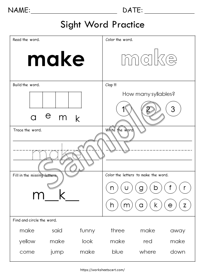 Sight Words Worksheets for Kindergarten, Learn PreK Sight Words, Sight Words Practice, Pre Primer, Ist Grade Phonics, Spelling Activity, WWF362