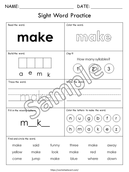 Sight Words Worksheets for Kindergarten, Learn PreK Sight Words, Sight Words Practice, Pre Primer, Ist Grade Phonics, Spelling Activity, WWF362