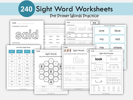 Sight Words Printable, Kindergarten Sight Words Worksheets, Preschool Sight Word Practice Dolch Pre Primer Flashcards, Ist Grade, Homeschool, WWF365