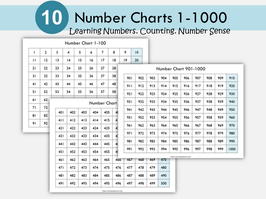 Number Charts 1-1000 Printable, Numbers Poster, Preschool Math, Numbers Recognition, Counting, Kids Homeschool, Classroom, Digital Downloads, WWF370