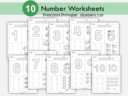 10 Number Tracing Worksheets for Preschool, Math Workbook, Learning Numbers, Counting, Kindergarten, Handwriting Practice PDF, WWF371