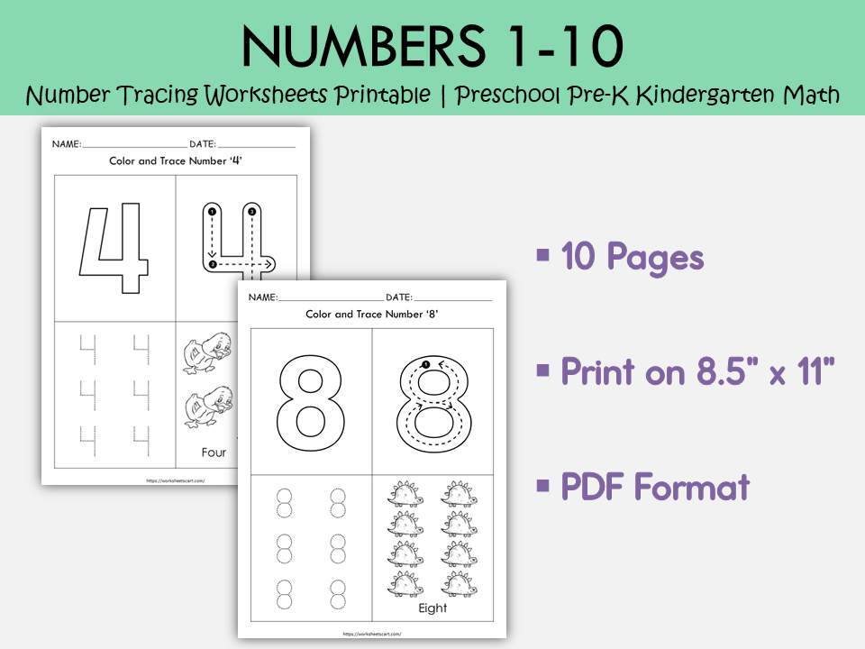 Number Worksheets Printable 1–10 | Tracing, Counting & Coloring for Preschool and Kindergarten, WWF371