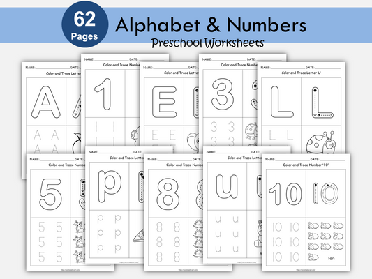 62 Alphabets & Numbers Tracing Worksheets, Preschool ABC Workbook Printable, Kindergarten Learning Folder, Coloring, Handwriting Practice, WWF373