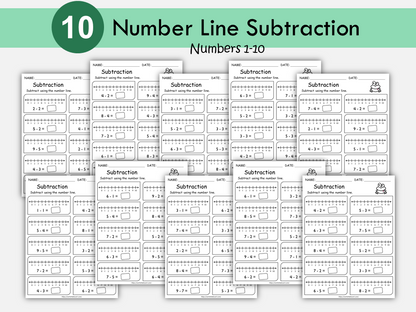 Subtraction Worksheet for Grade 1, Number Line Subtraction Worksheets for First Grade, Numbers 1-10, Kindergarten Math, Subtraction Facts, WWF374