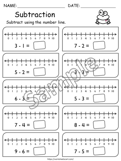 Subtraction Worksheet for Grade 1, Number Line Subtraction Worksheets for First Grade, Numbers 1-10, Kindergarten Math, Subtraction Facts, WWF374