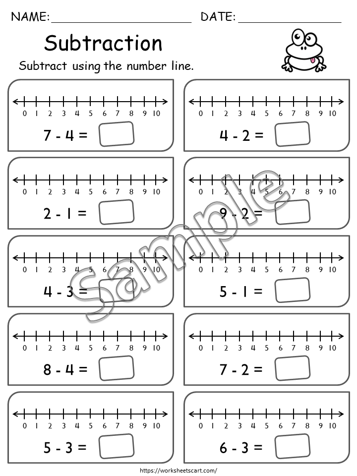 Subtraction Worksheet for Grade 1, Number Line Subtraction Worksheets for First Grade, Numbers 1-10, Kindergarten Math, Subtraction Facts, WWF374