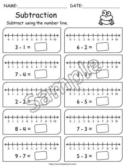 Subtraction Worksheet for Grade 1, Number Line Subtraction Worksheets for First Grade, Numbers 1-10, Kindergarten Math, Subtraction Facts, WWF374