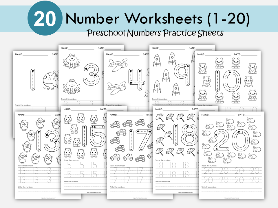 20 Number Tracing Worksheets, PreK Traceable Numbers, Preschool Workbook, 1-20 Math Printables, Kids Handwriting Practice Pages, Homeschool, WWF377