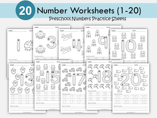 20 Number Tracing Worksheets, PreK Traceable Numbers, Preschool Workbook, 1-20 Math Printables, Kids Handwriting Practice Pages, Homeschool, WWF377