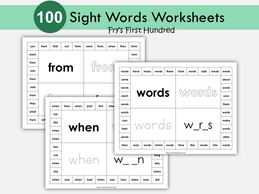 100 Printable Fry's First Hundred Sight Words Worksheets, Kindergarten-1st Grade Word Search Worksheets, Reading, Writing, Spelling Activity, WWF378