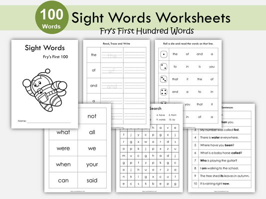 100 Printable Sight Words Bundle, Kindergarten Sight Word Worksheets, Preschool Activity Pages, Sight Word Practice, Handwriting & Spelling, WWF379